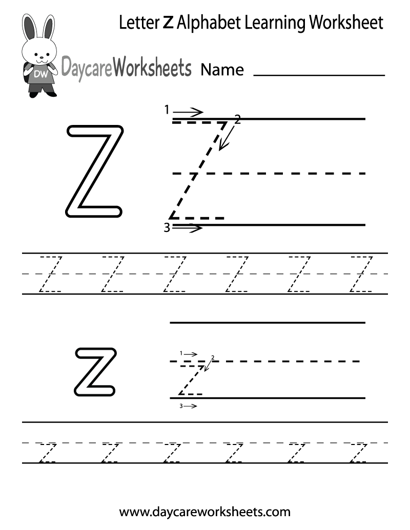 Free Printable Letter Z Alphabet Learning Worksheet for Preschool