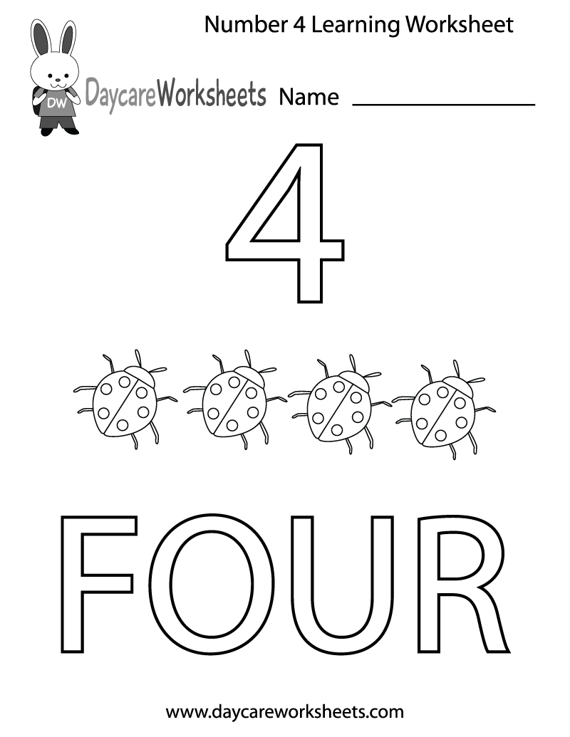 number four learning worksheet printable