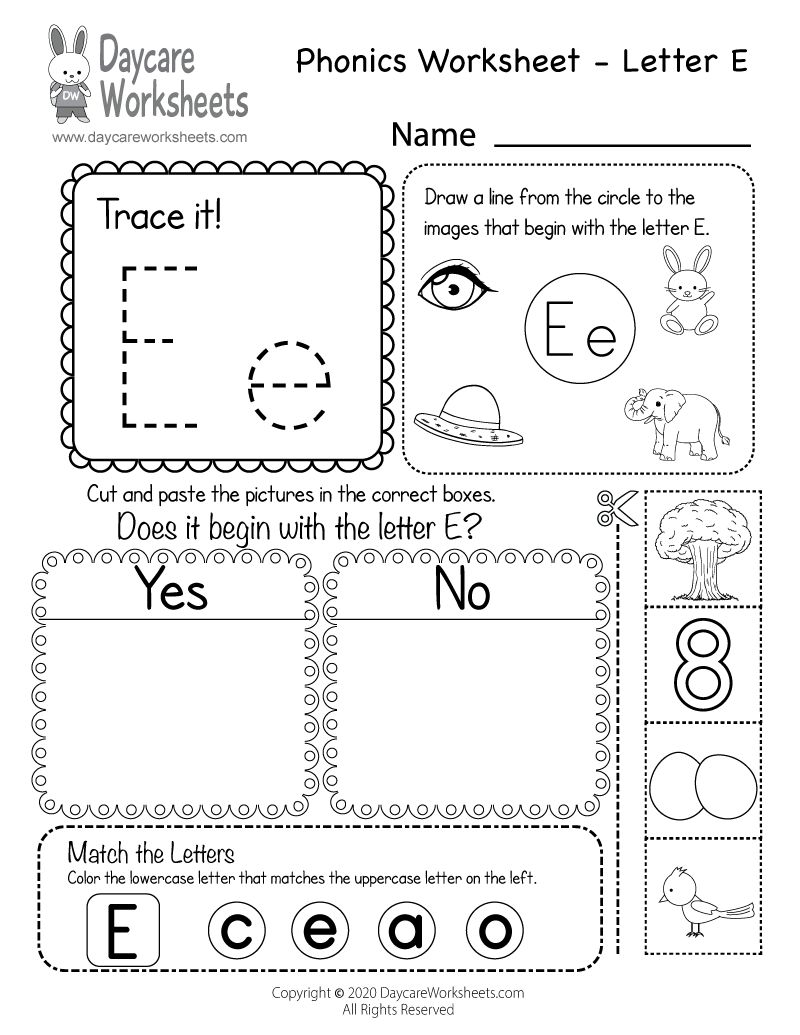 Free Printable Letter E Beginning Sounds Phonics Worksheet For Preschool