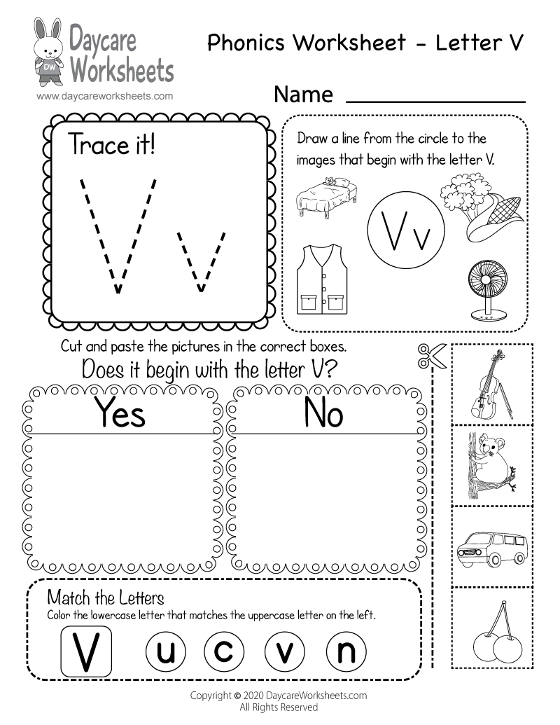 Free Beginning Sounds Letter V Phonics Worksheet for Preschool