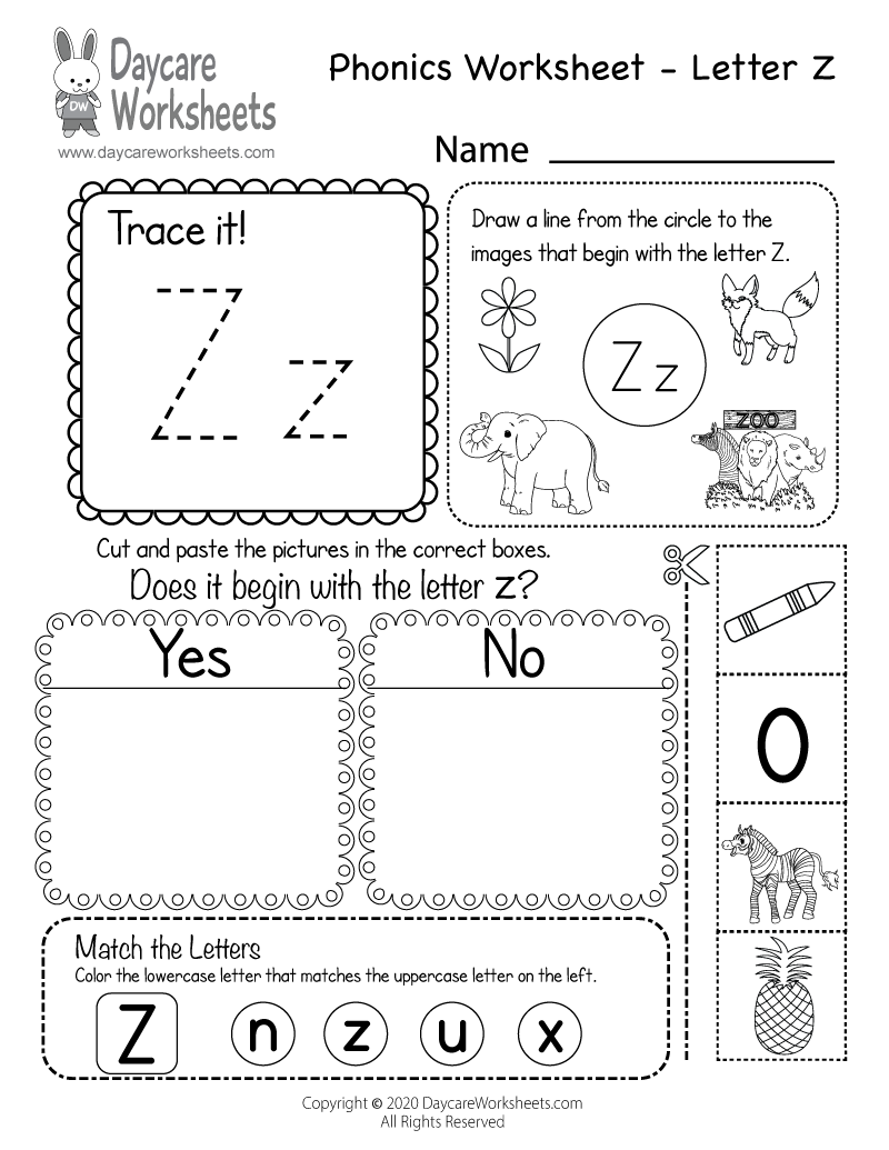 Free Beginning Sounds Letter Z Phonics Worksheet for Preschool