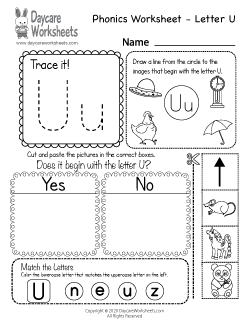 Preschool Beginning Sounds Letter U Phonics Worksheet