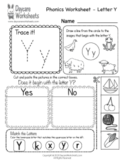 Preschool Beginning Sounds Letter Y Phonics Worksheet