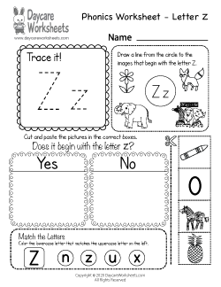 Preschool Beginning Sounds Letter Z Phonics Worksheet