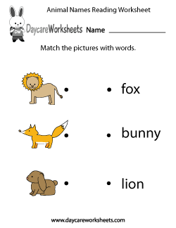 Preschool Animal Words Reading Worksheet