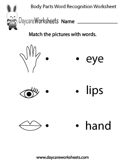 Preschool Body Parts Word Recognition Worksheet