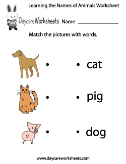 Preschool Learning the Names of Animals Worksheet