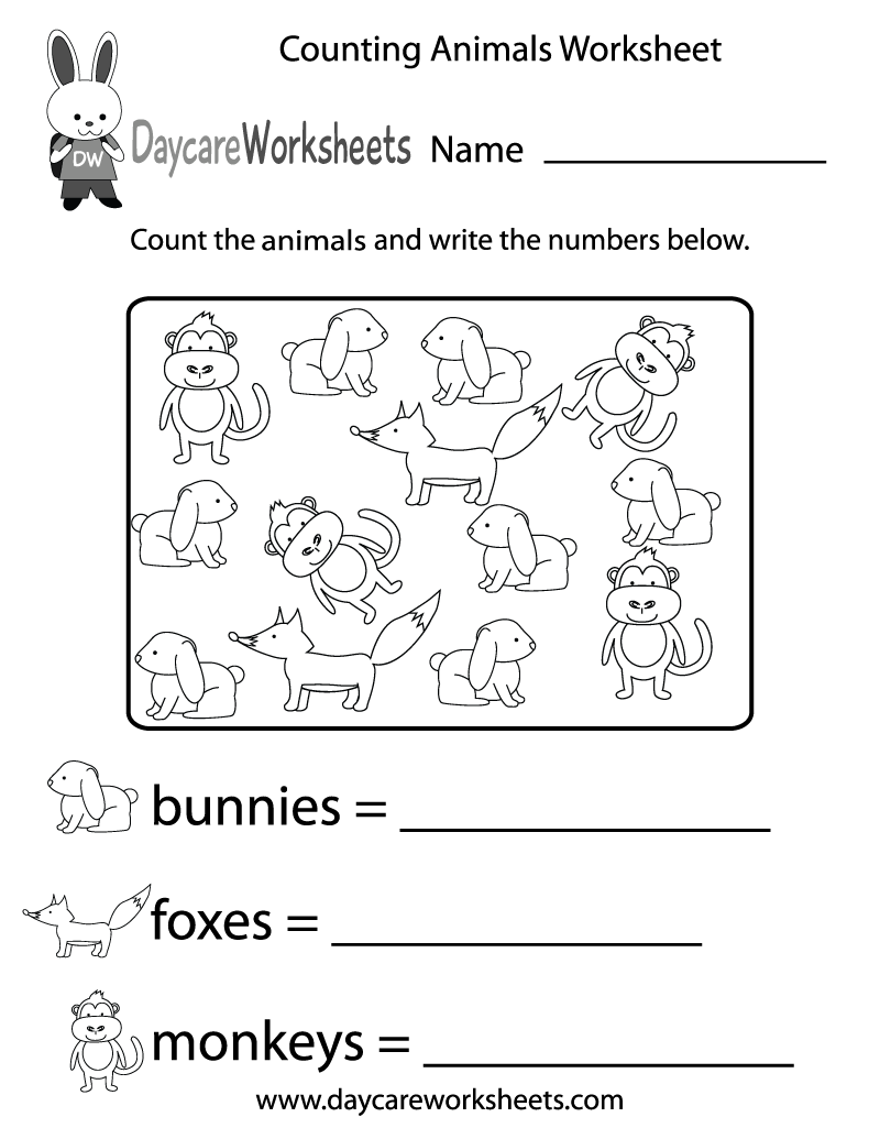 Free Counting Animals Worksheet for Preschool