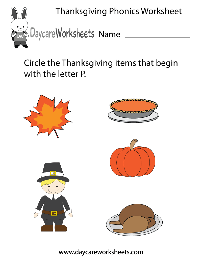 Preschool Thanksgiving Phonics Worksheet Printable