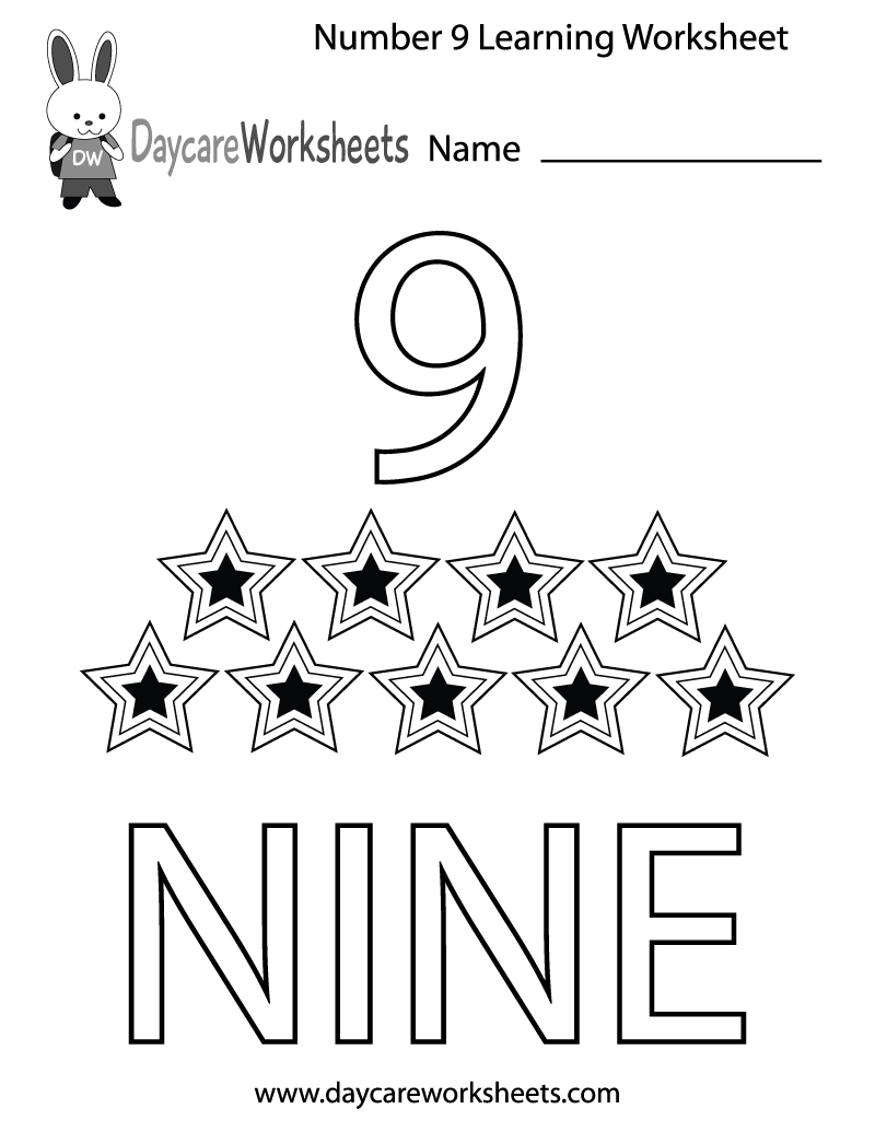 Preschool Number Nine Learning Worksheet Printable