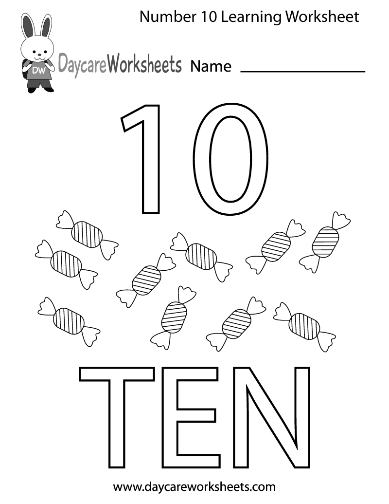 Preschool Number Ten Learning Worksheet Printable