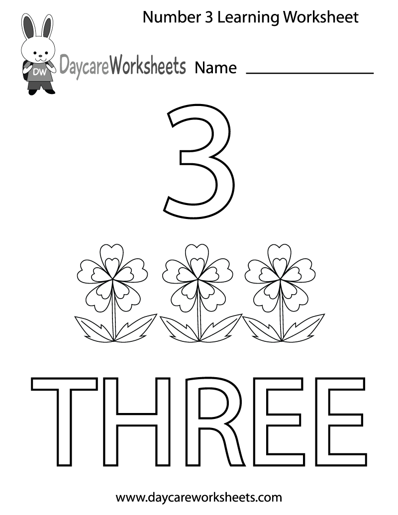 Preschool Number Three Learning Worksheet Printable