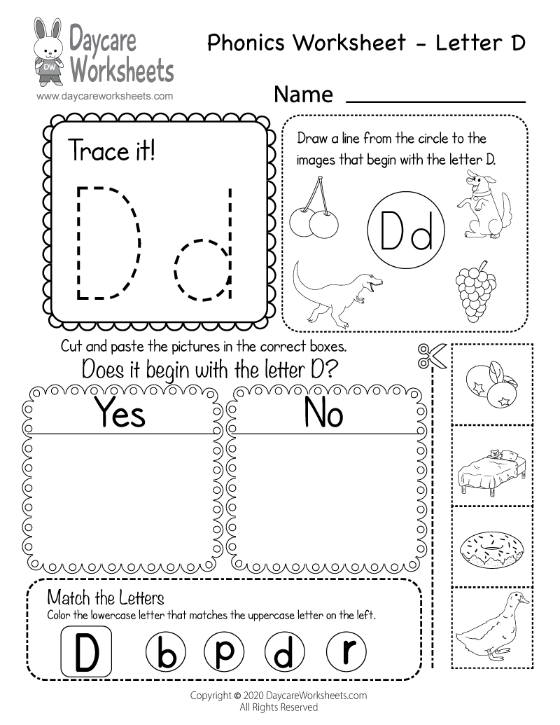 free letter d phonics worksheet for preschool beginning sounds