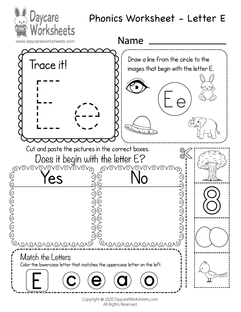 Preschool Beginning Sounds Letter E Phonics Worksheet Printable