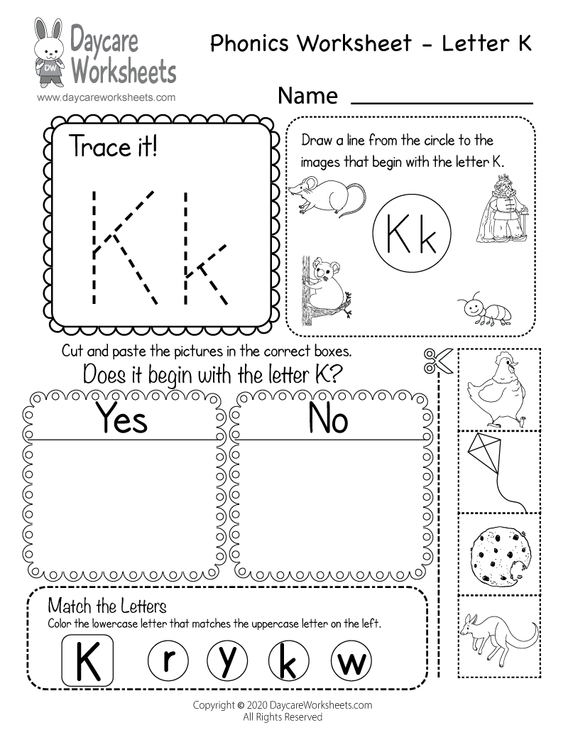 free letter k phonics worksheet for preschool beginning sounds