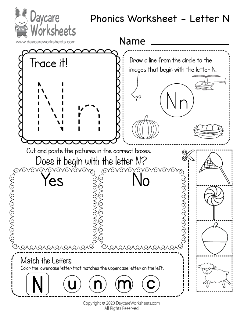 Preschool Beginning Sounds Letter N Phonics Worksheet Printable