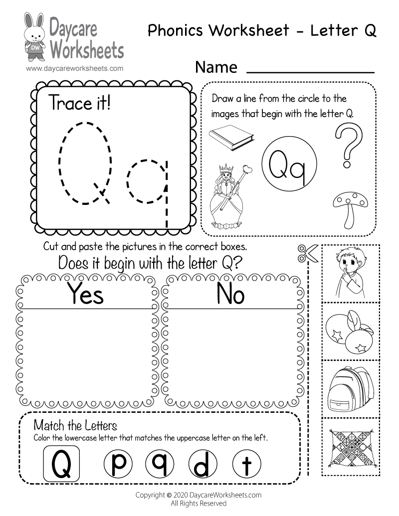 Free Printable Letter Q Beginning Sounds Phonics Worksheet for Preschool
