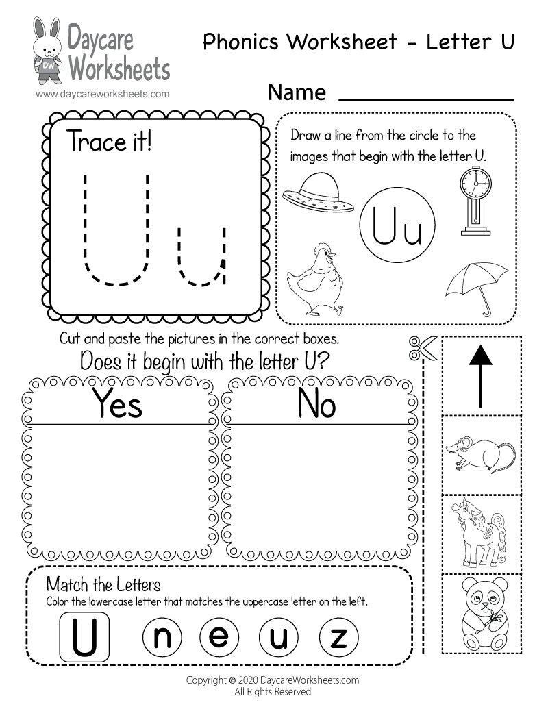 Free Letter U Phonics Worksheet for Preschool - Beginning Sounds