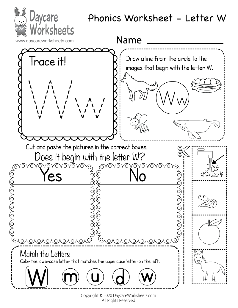 Free Letter W Phonics Worksheet for Preschool - Beginning Sounds