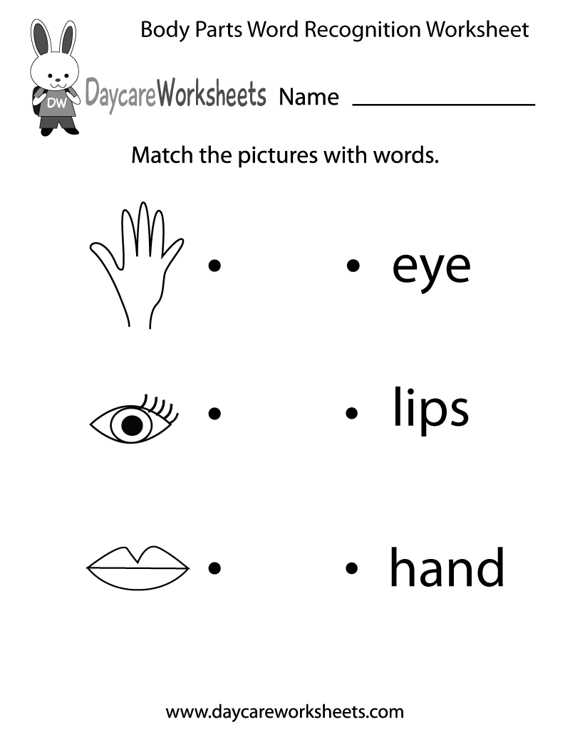 Preschool Body Parts Word Recognition Worksheet Printable