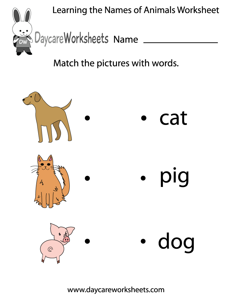 Free Printable Learning the Names of Animals Worksheet for Preschool