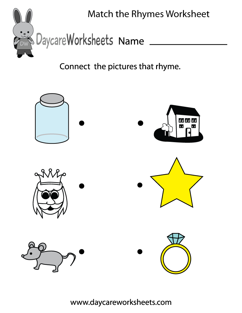 Preschool Match the Rhymes Worksheet Printable