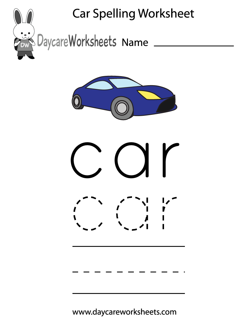 Preschool Car Spelling Worksheet Printable
