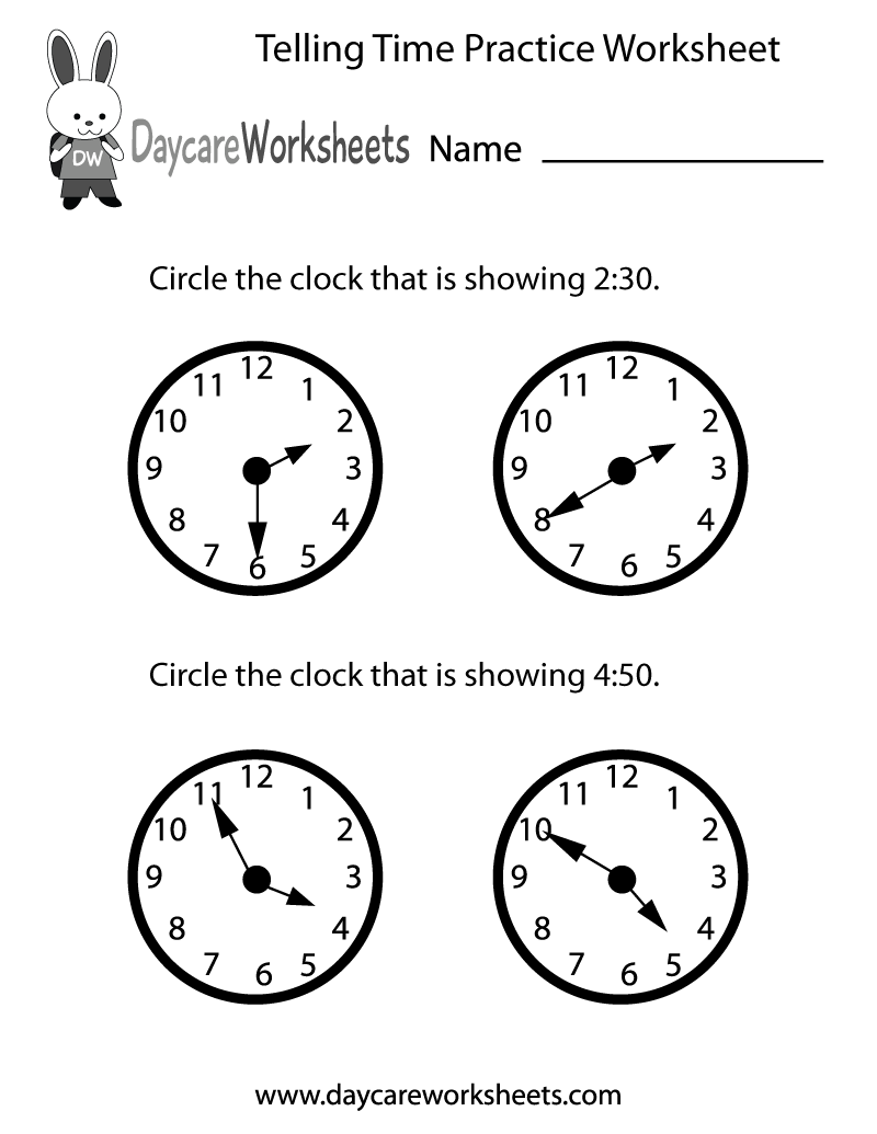 Preschool Telling Time Practice Worksheet Printable