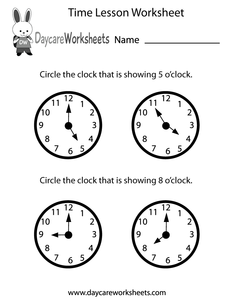 Preschool Time Lesson Worksheet Printable
